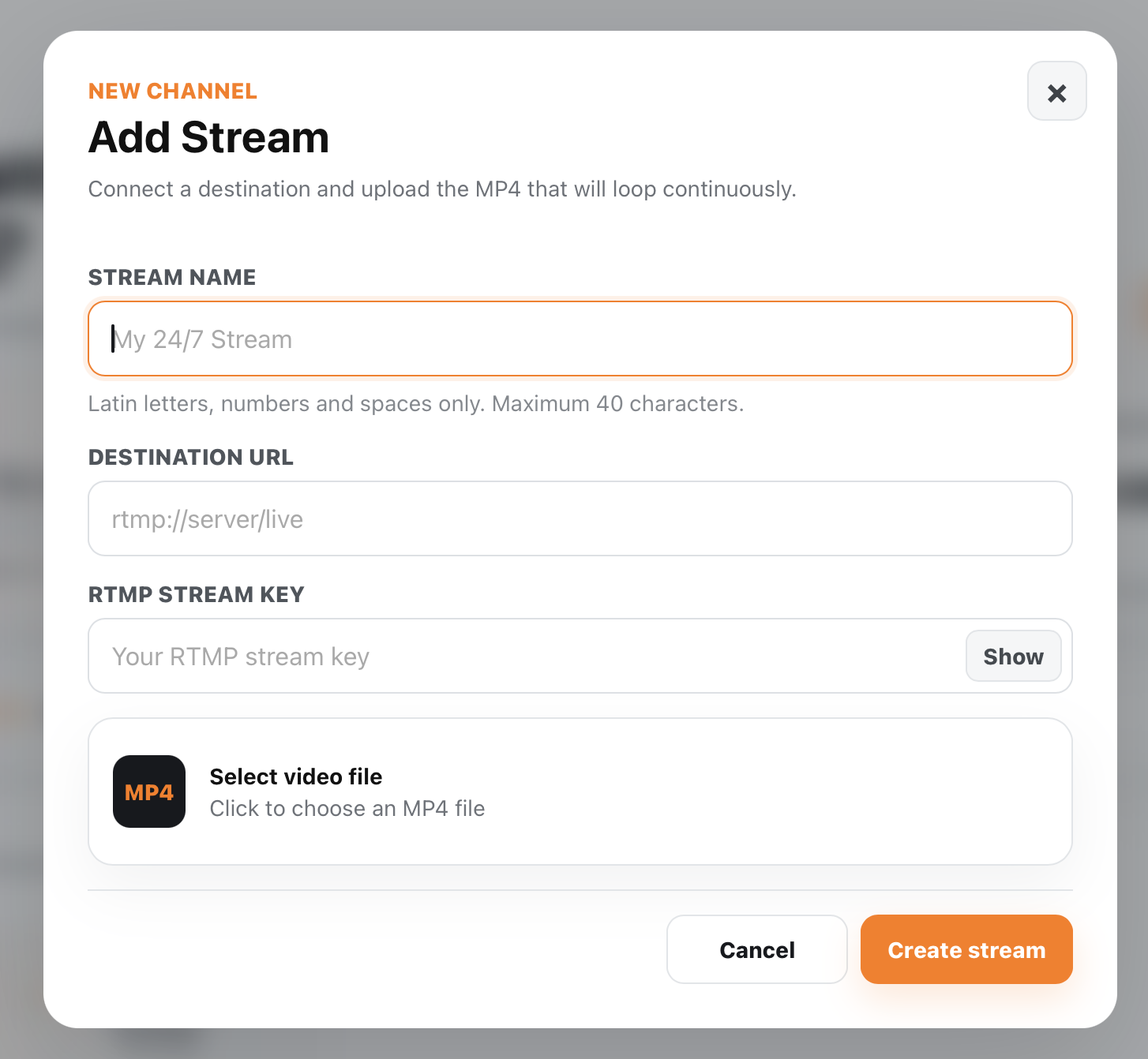 SAIUNES Add Stream form with destination URL, RTMP stream key, and MP4 selection