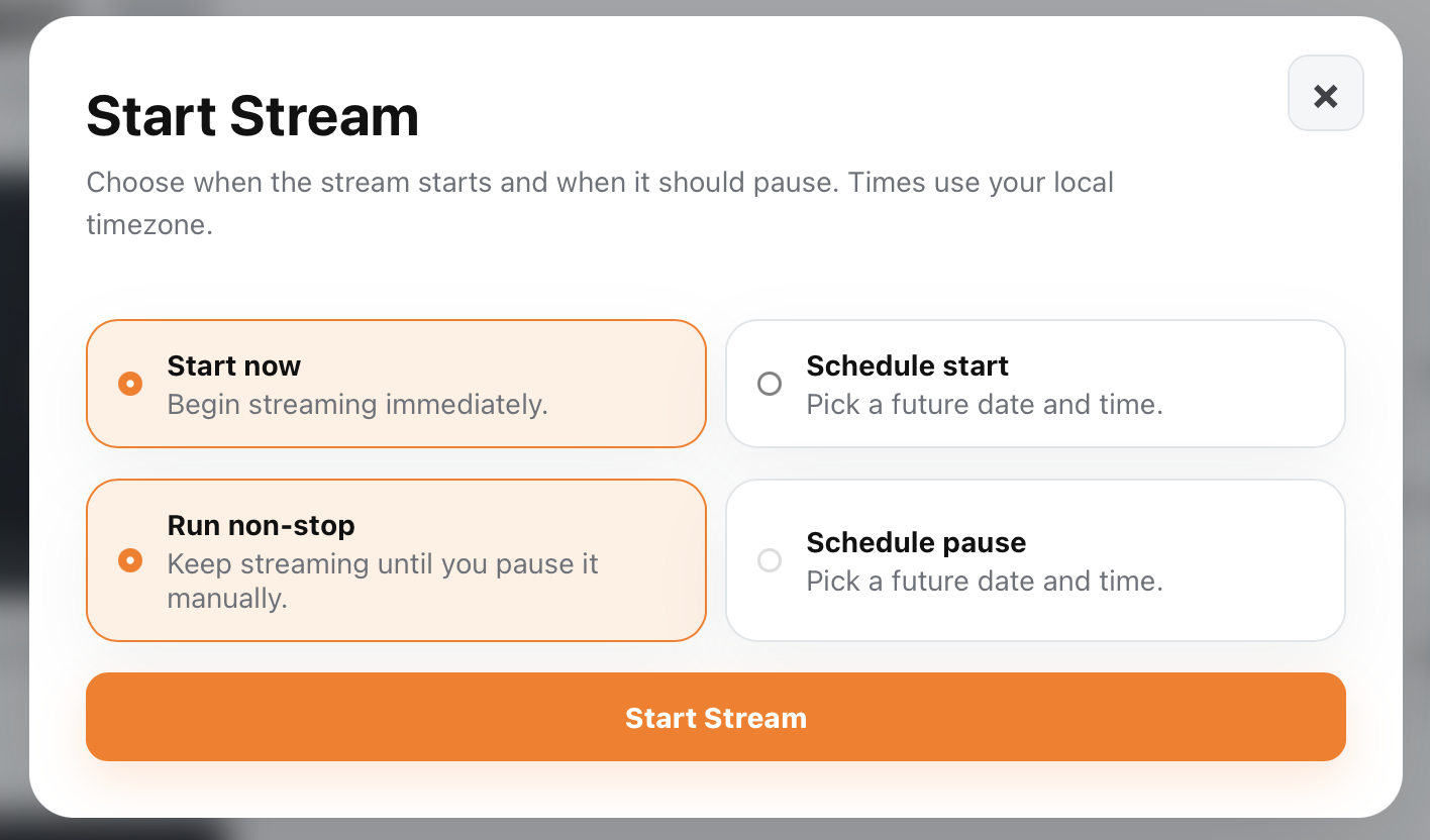 Start now, schedule start, run non-stop, and schedule pause choices in SAIUNES