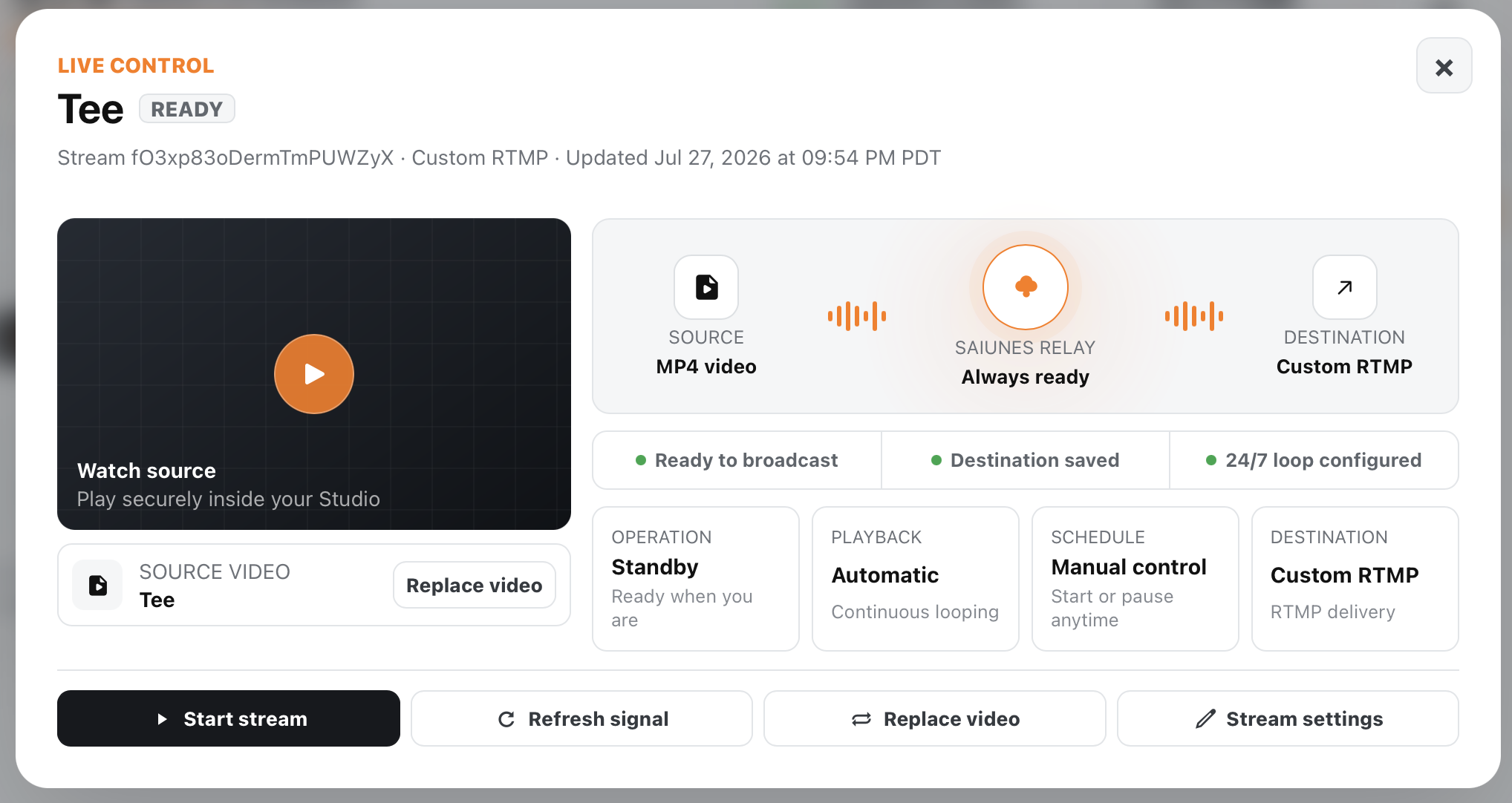 Ready Live Control screen for a processed prerecorded stream in SAIUNES